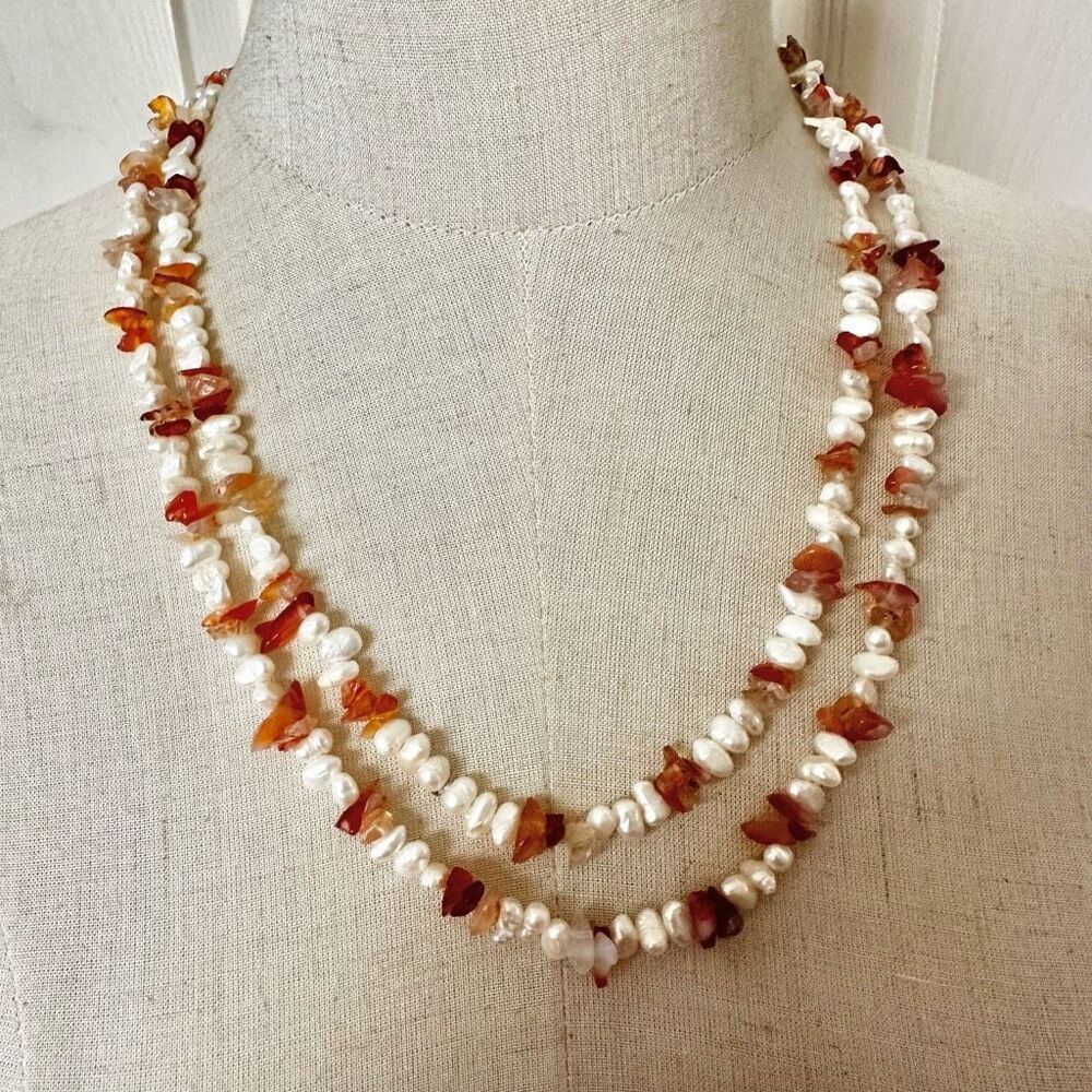 Carnelian and fresh water pearl long necklace